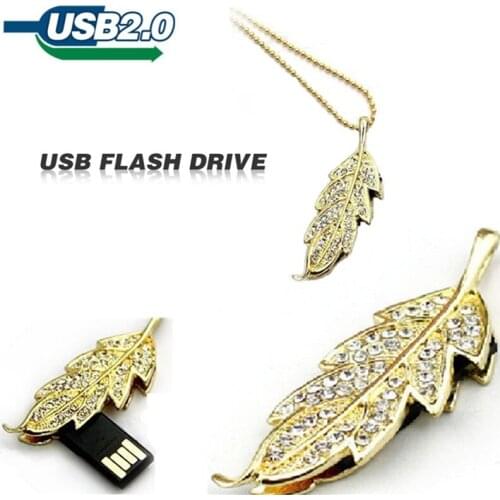 Diamond metal leaf shape usb flash drive 64GB pen drive 32GB 16GB 8GB 4GB u disk 128GB pendrive u disk memory card new