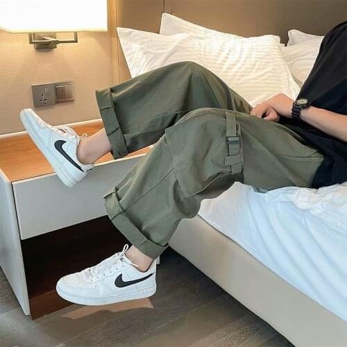 Cotton Black Cargo Pants Men Wide Leg Skateboard Pants Harajuku Streetwear Ankle Length Trousers Techwear Clothes