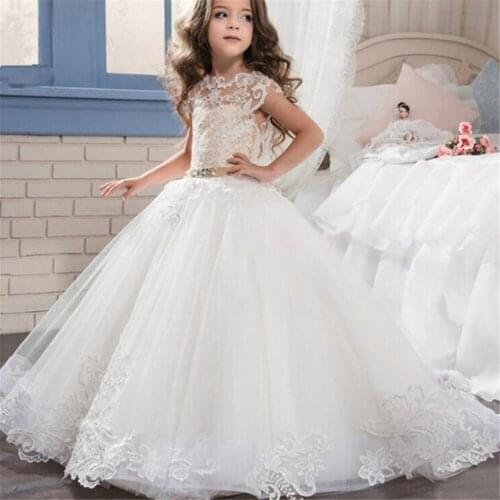 Flower Girl Dress white Trailer Puffy Wedding party Dress Girl First Communion Eucharist Attended Princess Lace Evening Dress