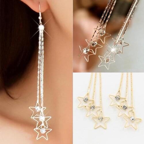 Long Dangle Earrings Women Unique Design Rhinestone Pentacle Drop 3 Layers Chain Tassels Linear Exaggerated Statement Earrings