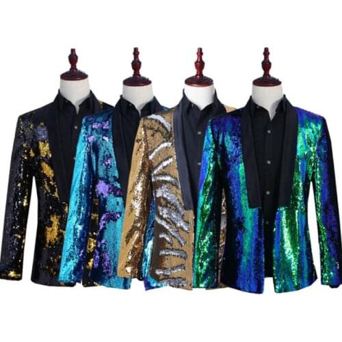 Two-tone turn Sequin blazer men suits designs stage singers jacket mens clothes dance star style dress masculino homme