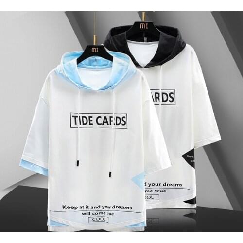 Mens T Shirts Korean Fashion Trend Streetwear Short Sleeved Hooded Tops Tees Men Casual harajuku Men Clothing Printed T Shirts