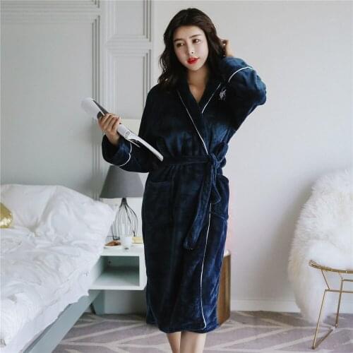 Coral Fleece Home Dressing Clothes Full Sleeve Night Gown Winter Warm Long Robe Solid Colour Kimono Bathrobe For Young Lady