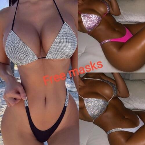 Sexy Women Sequin Rhinestone Crystal Diamond Push Up Bikini Set Bra High Waist Swimsuit Swimwear Bathing Suit2021