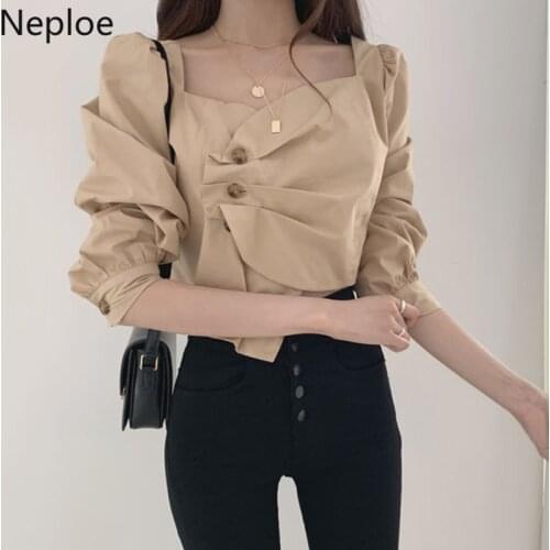 Neploe Chic High Waist Slim Fit Short Blouse Pleated Irregular Solid Blusas Mujer Autumn Spring Sexy Exposed Collarbone Shirt