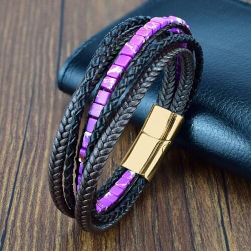 Boho Jewelry Beads Leather Charm Bracelet for Men Women Stainless Steel Natural Stone Rosary Love Bracelet Bangle Gift Wholesal