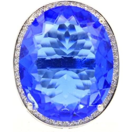 25x21mm Ravishing SheCrown Big Oval Gemstone 22x18mm Created Pink Tourmaline White CZ Christmas Gift Silver Rings