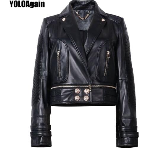 YOLOAgain Spring Women Black Soft Real Sheepskin Genuine Leather Jacket