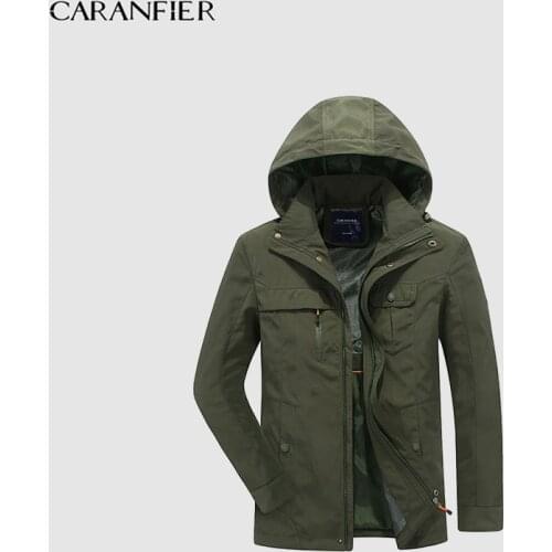 CARANFIER Men Leisure Jacket Outerwear Windproof Male Slim Hat Detachable Solid Coat Casual Mature Business Style M~4XL