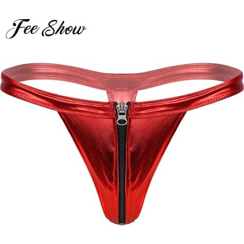 Men Glossy Bulge Pouch T-back Thongs Panties Bikini Bottom Zipper Front Low Waist G-string Briefs Underwear Lingerie Underpants