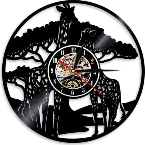 Giraffe Vinyl Record Wall Clock Modern Creative Zoo Decorative Time Clocks Watch LED Silent Quartz Animal Theme Gift For Kids