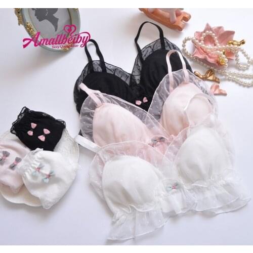 Lolita Girl Underwear Schoolgirl Lace Transparent Bra and Panty Set Japanese Cute Kawaii Lingerie Bra Thong Set Briefs for Women
