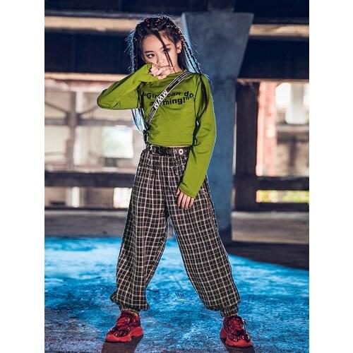 Girls Hip Hop Clothing Jazz Costume Long Sleeve Shirts Crop Tops Plaid Casual Pants Modern Show Jazz Rave Hip Hop Clothes Wear