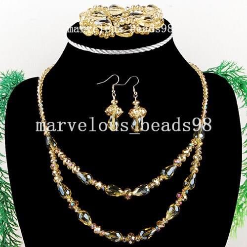 Wholesale 2sets Yellow Faceted Crystal Water Drop Art Beads Necklace Bracelet Earrings FG3908