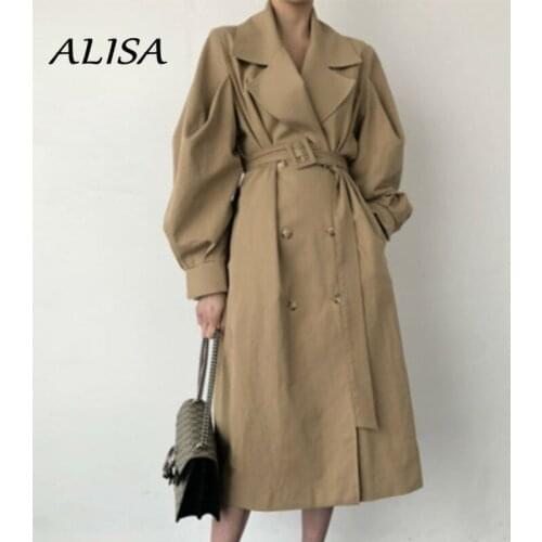 Autumn Korean Long Windbreaker Ladies Vintage Turn-down Collar Loose Lace-up Double Breasted Office Lady Coats Windbreaker