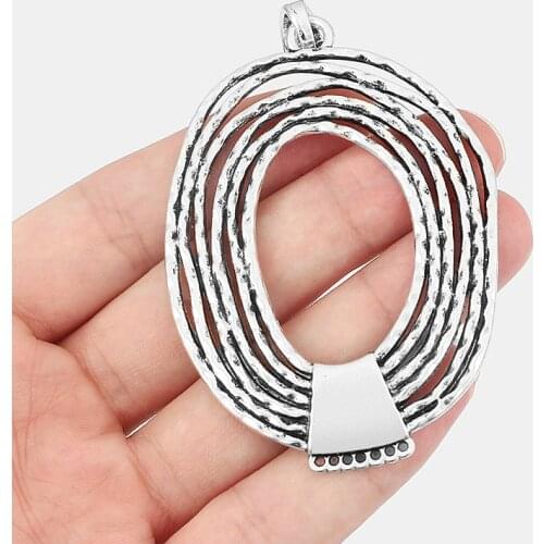 2pcs Antique Silver Color Large Open Oval Craft Circle Pendant For Necklace Connector Jewelry Making Findings 77*54mm