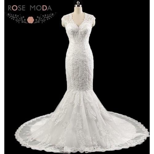 Rose Moda Stunning Lace Mermaid Wedding Dress Cut Out Back Cap Sleeves Lace Wedding Dresses 2018