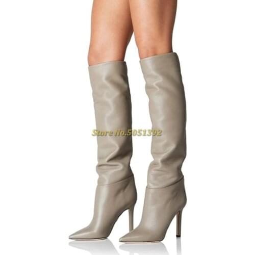 Slouch Pointed Knee Boots Matte Leather Stiletto Heels Knee High Boots Pointed Toe Vogue Street Dress Shoes Tall Boots Long Boot