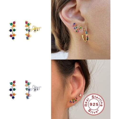 Real 925 Sterling Silver Personalized Crystal Cartilage Stud Earrings For Woman Girls Unisex Rainbow Zircon Piercing Pendientes