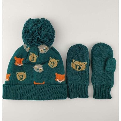 Hat Gloves Set Winter Kids Boy Girl Beanie Mittens Acrylic Knit Pompom Animal Bear Autumn Warm Skiing Outdoor Baby Accessory