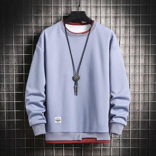 Mens casual sweatshirt Harajuku solid color 2021 new fashion mens fake two-piece O-neck sweatshirt hoodie hip hop