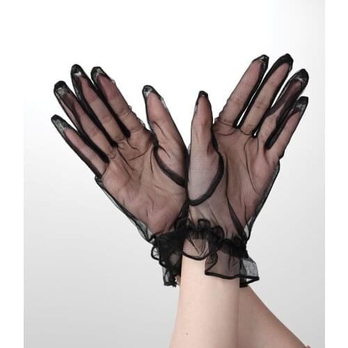 Lotus Leaf Short Etiquette Gloves Women Cocktail Party Dance Mittens Sexy Sheer Tulle Mesh Bride Glove Full Finger Wedding Mitts