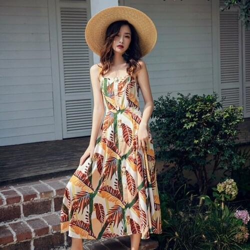 Vintage Sling Dress Women Summer French Backless Floral Halter Dress Elegant Party Seaside Vacation Hling Dress Female 2021 New