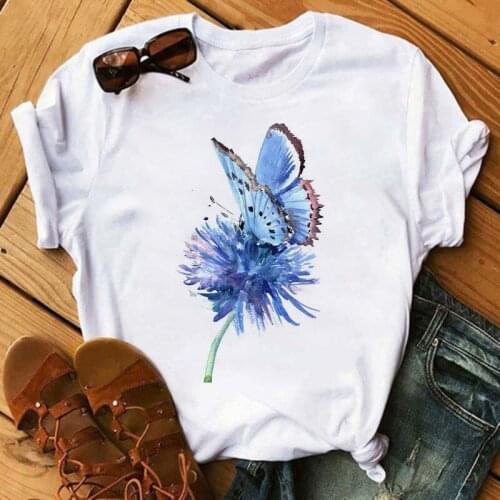 Maycaur Butterfly Kiss Flower Funny T Shirts Women Cute Short Sleeves T-shirt Kawaii Tees Summer Fashion Round Neck Clothes Tops