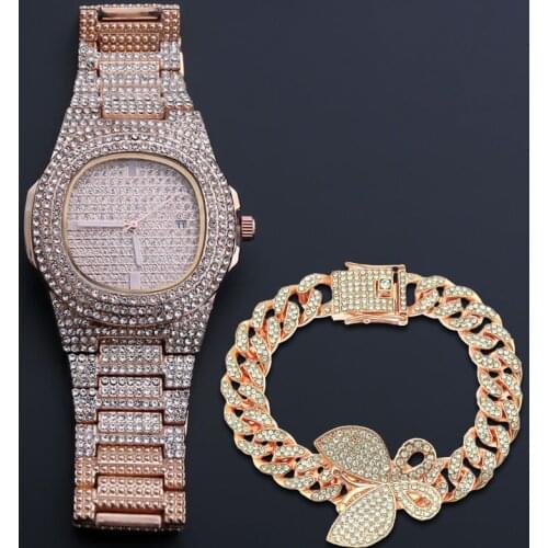 Women Hiphop Butterfly Bracelet Mens Quartz Watches Bling Diamond Iced Out Wrist Watch Gold Color Silver Fashion Luxury Alloy