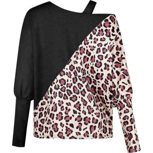 Casual Loose Ladies Lantern Long Sleeve Tops Women Blouse Leopard Print Stitching Autumn Winter One Shoulder Pullover Top