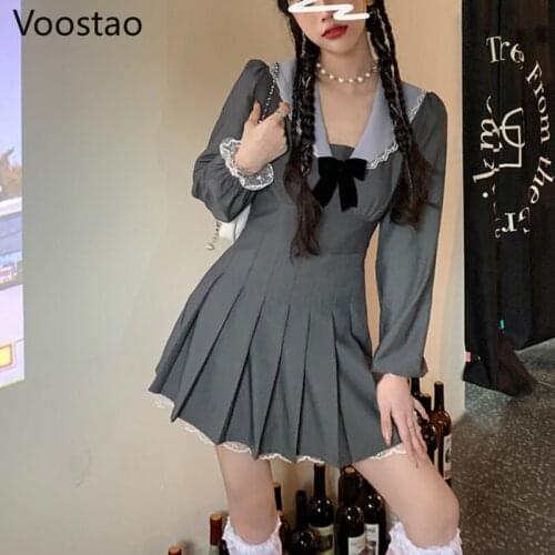 Spring Autumn Kawaii Lolita Style Elegant Dresses Women Korean Lace Party Mini Dress Preppy Style Sweet Sailor Collar Cute Dress