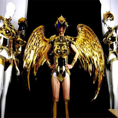 Gold mirror dance dress/costumes/ Performance wings clothing LED lady Dance catwalk model catwalk events/bar party supplies