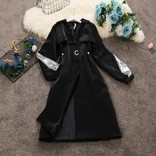 2018 Autumn Winter Fashion Korean Style V-neck Gold and Silver Sequined Sleeve Medium Long Wind Coat Women Shiny Trench