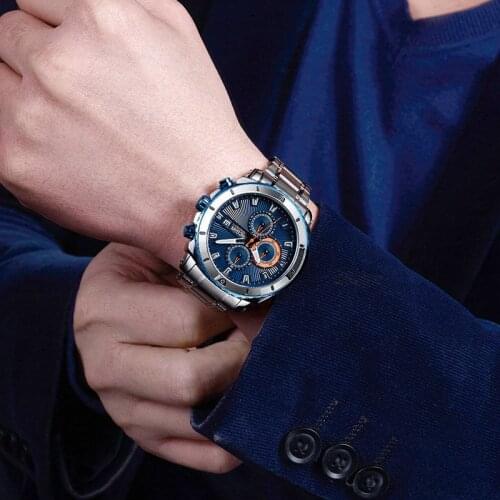 Baogela Heren Blue Dial Chronograph Quartz Horloges Fashion Rvs Analoge Horloges Voor Man Lichtgevende Handen 2075