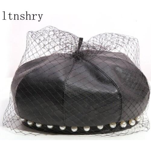 2021 new fashion Autumn Winter Imitation leather Beret French Elegant Ladies pearl Beret Solid Color PU Hat Women
