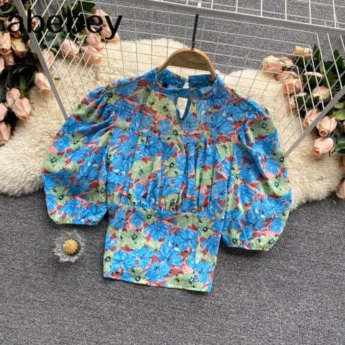 Women French Floral Blouse Sweet Puff Sleeve Ruffles Tops Summer Boho Print Elastic Ruched Short Blouses