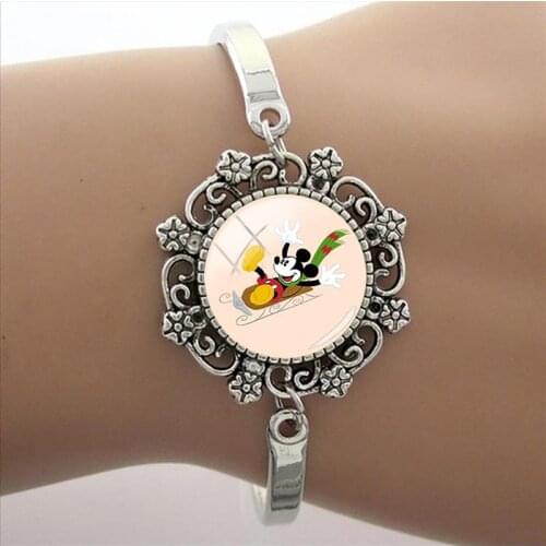 Disney Brand Mickey Picture Glass Cabochon Dome Lace Flower Charm Bracelet Ladies Love Christmas Gift High Quality Cuff Bracelet