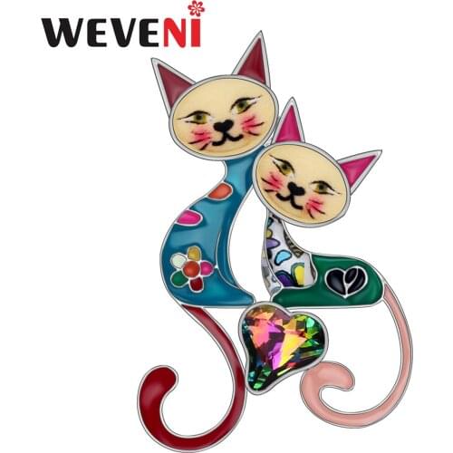 WEVENI Enamel Alloy Rhinestone Double Cat Brooches Pin Jewelry For Women Girls Best Friend Gift Cute Animal Decorations Souvenir