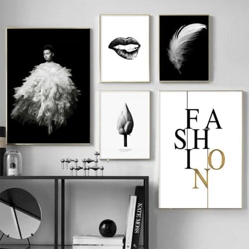 Black Lips Fashion Girl Canvas Art Posters and Prints Feather Painting Black White Wall Picture Living Room Modern Home Decor