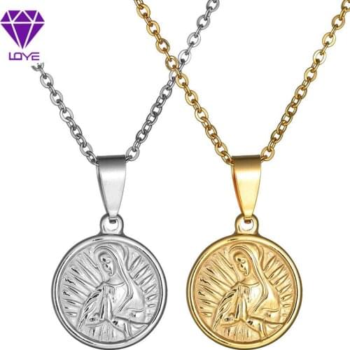 Christian Believers Letters Ornaments Virgin Mary Pendant Necklace Hands Prayer Round Pendant Necklace