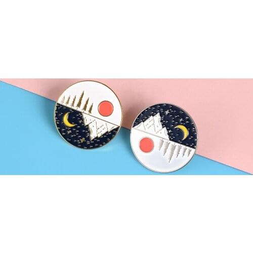 New autumn and winter day and upside down brooch fashion personality landscape landscape round badge cartoon denim clothing back