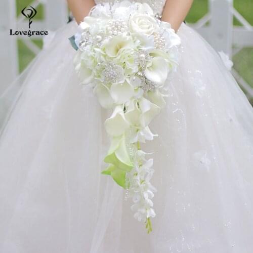Lovegrace Bride Waterfall Wedding Bouquet Artificial Rose Calla Lily Flower Marriage Supply Fake Diamond Pearl Luxurious Bouquet