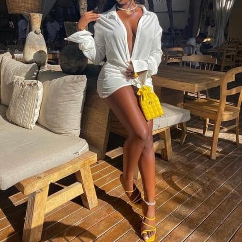 OMSJ Fashion Linen Shirt Dress Women 2021 Spring Autumn Clothes Polo Neck Full Sleeve Sexy Deep V Mini Folds Irregular Dress New