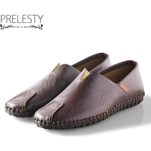Prelesty Max Size 38-50 Men Daily Genuine Cow Leather Sheos Slip on Quality Handmade Sewing Autumn Loafer Urban Driving DS