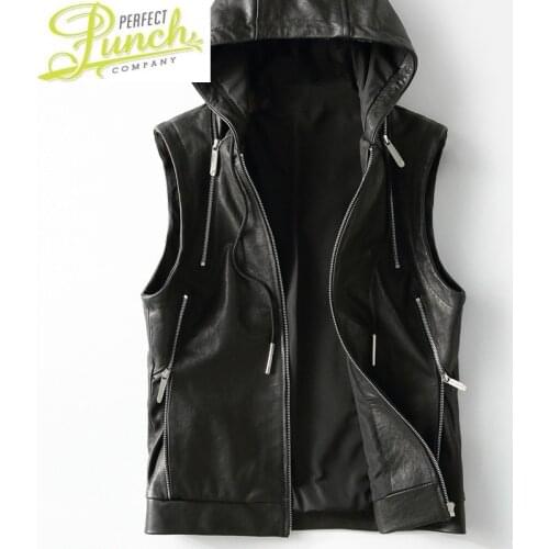 Hooded 2021 New Vest Genuine Leather Jacket Men Sheepskin Coat Casual Mens Vests Vintage Colete Masculino KFS19M015