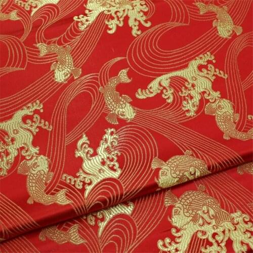 NEW39 Red Fish Embroidery Chinese Style Jacquard Brocade Fabrics For Dress/Decoration DIY Sewing Materials