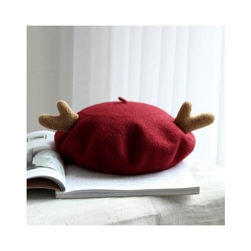 Autumn Winter Sweet Beret Female Korean Edition Santa Antler Pure Color Wool Cap All-match High Quality Festival Gifts Warm Hat