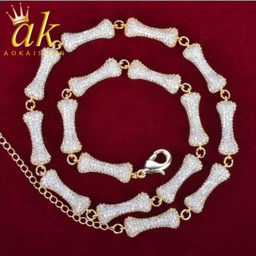 Bone Shape Iced Out Zircon Necklace Chain Hip hop Jewelry Gold Color Copper Material Men 18-28inch