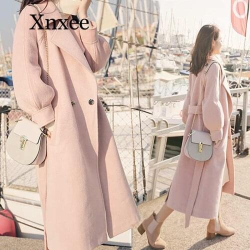 Pink Winter Wool Coat and Jacket Women Korean Plus Size Long Jacket Warm Elegant Belt Wool Coat Cashmere Vintage Coat Cape Femal