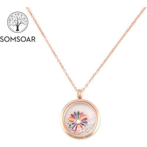 Somsoar Rose Gold Stainless Steel Double-sided Glass Crystal Locket Pendant Necklace with Drip accessories DIY Charms inside